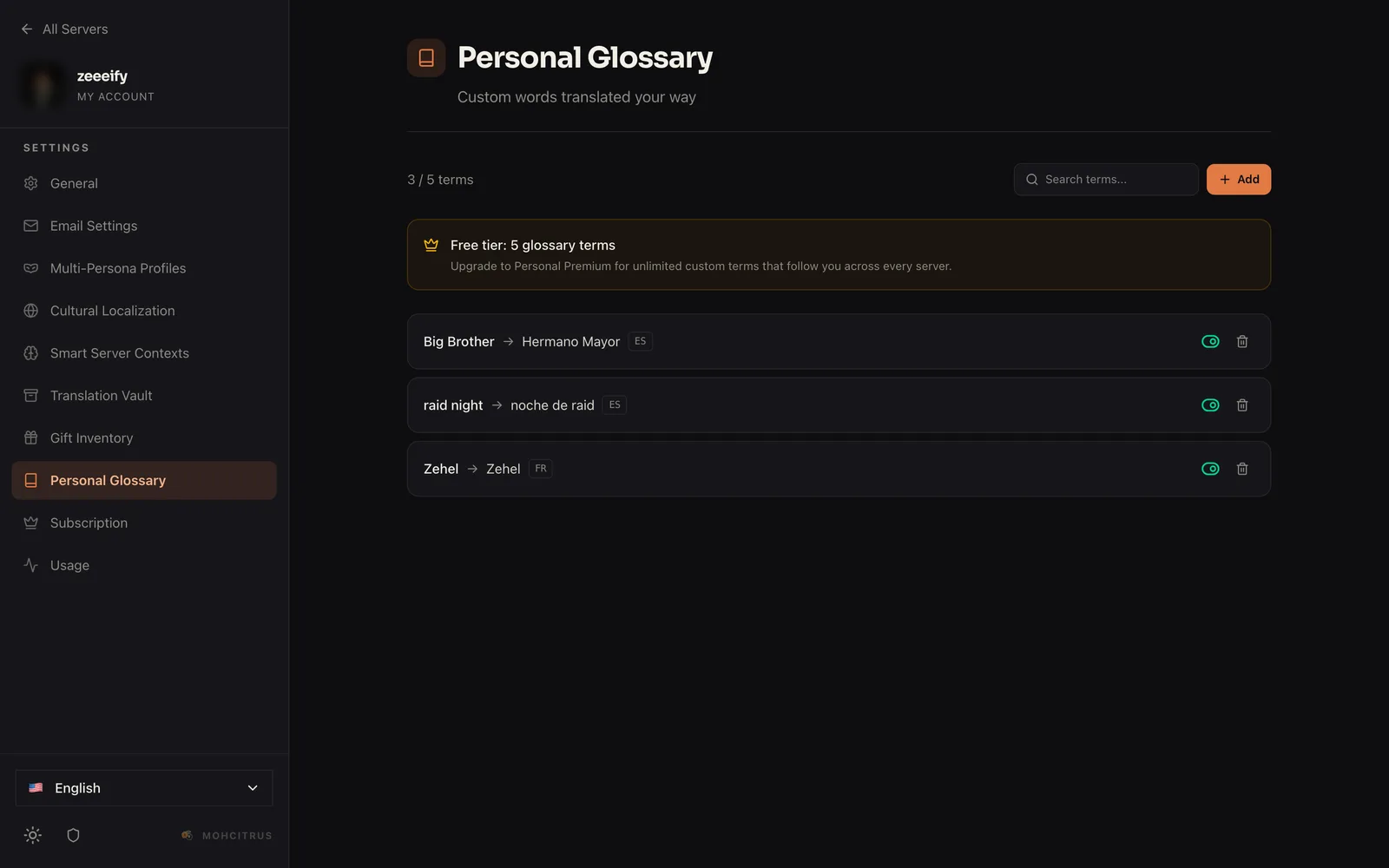 Your personal glossary in the dashboard