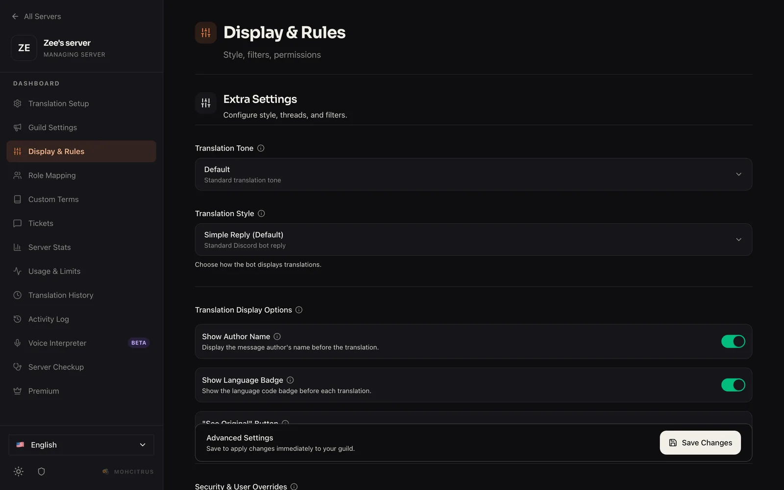Display & Rules settings in the dashboard