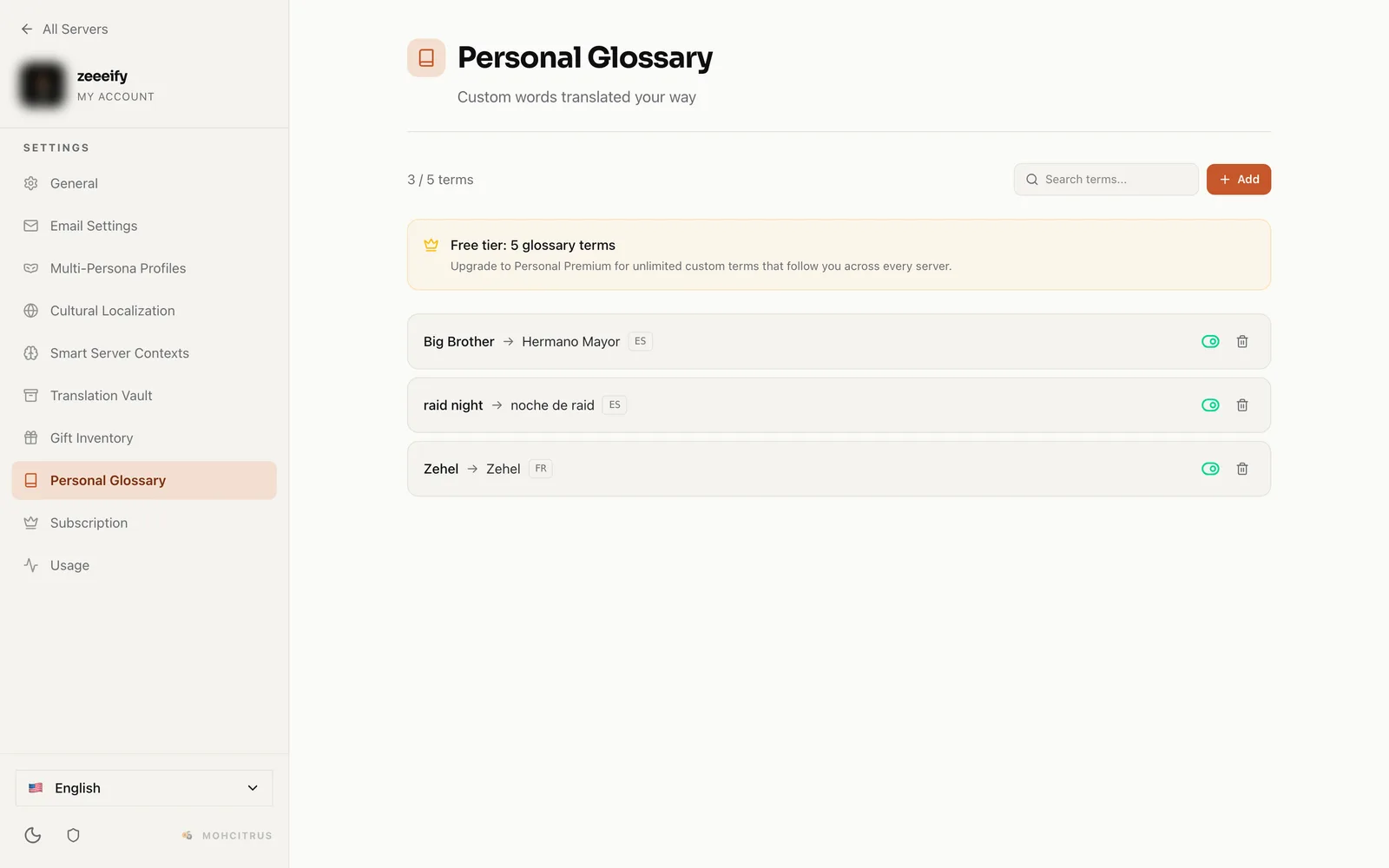 Your personal glossary in the dashboard