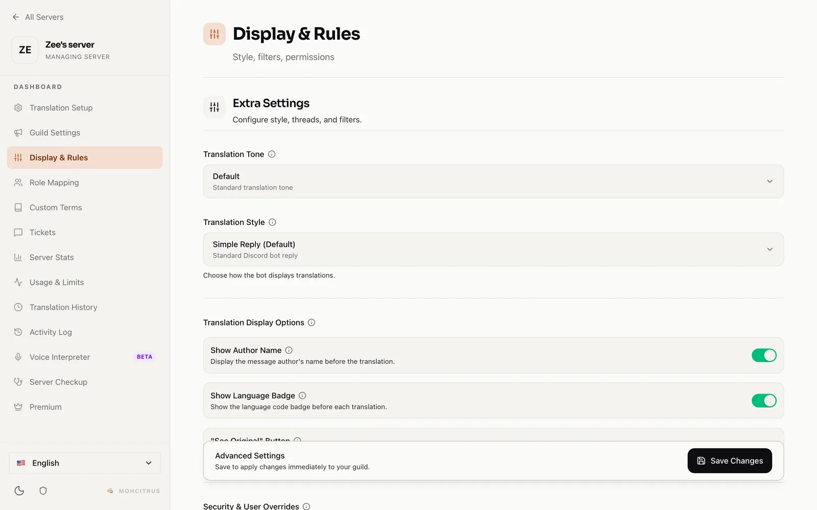 Display & Rules settings in the dashboard