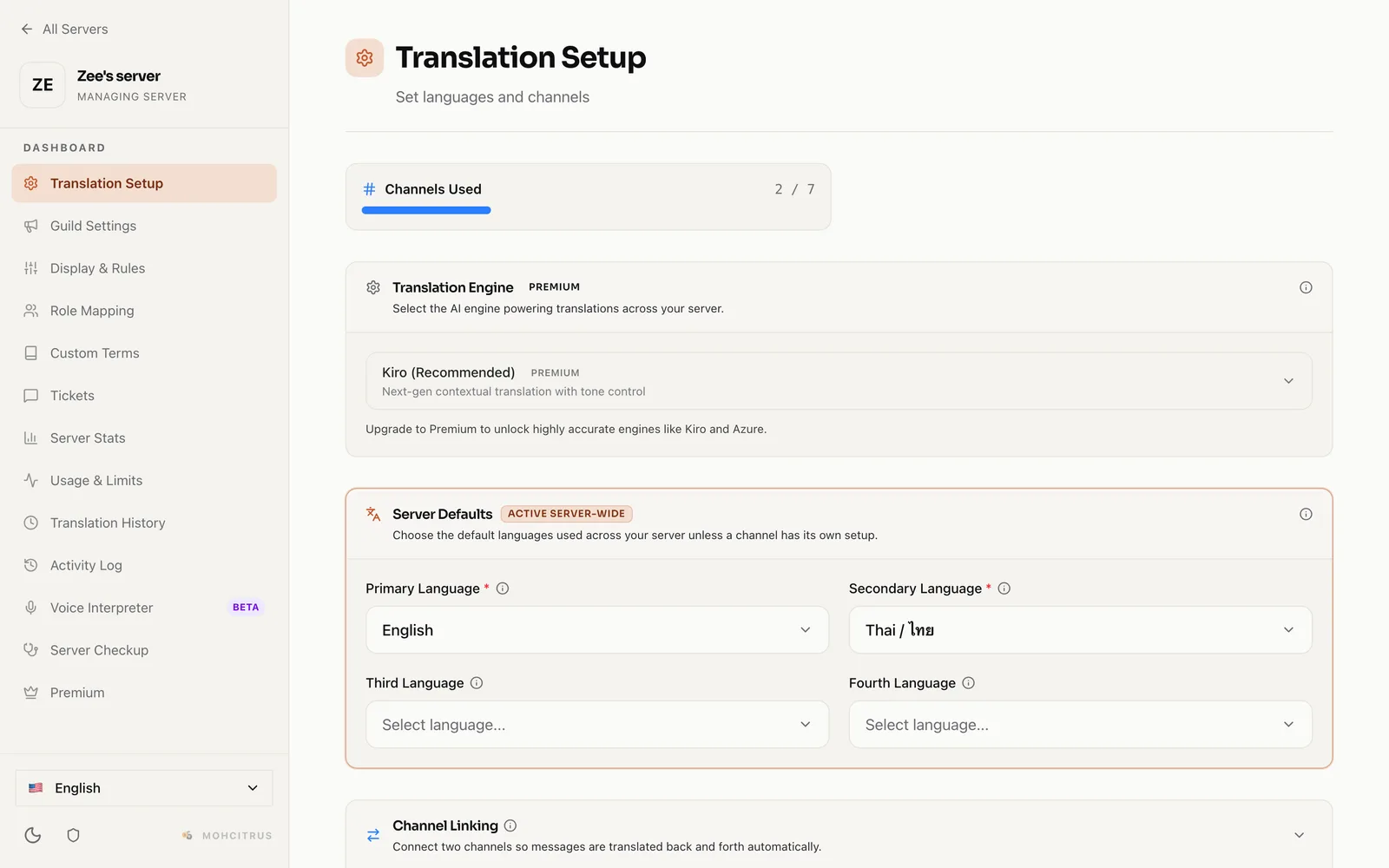 Translation Setup in the dashboard